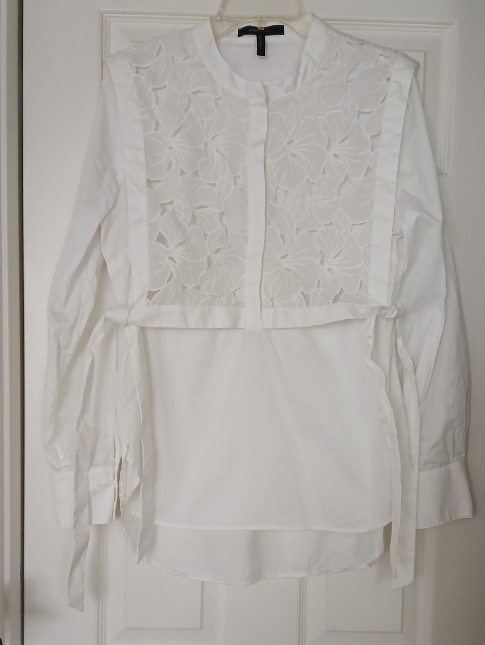 BCBGMaxAzria White Lace-Front Tie Waist Blouse